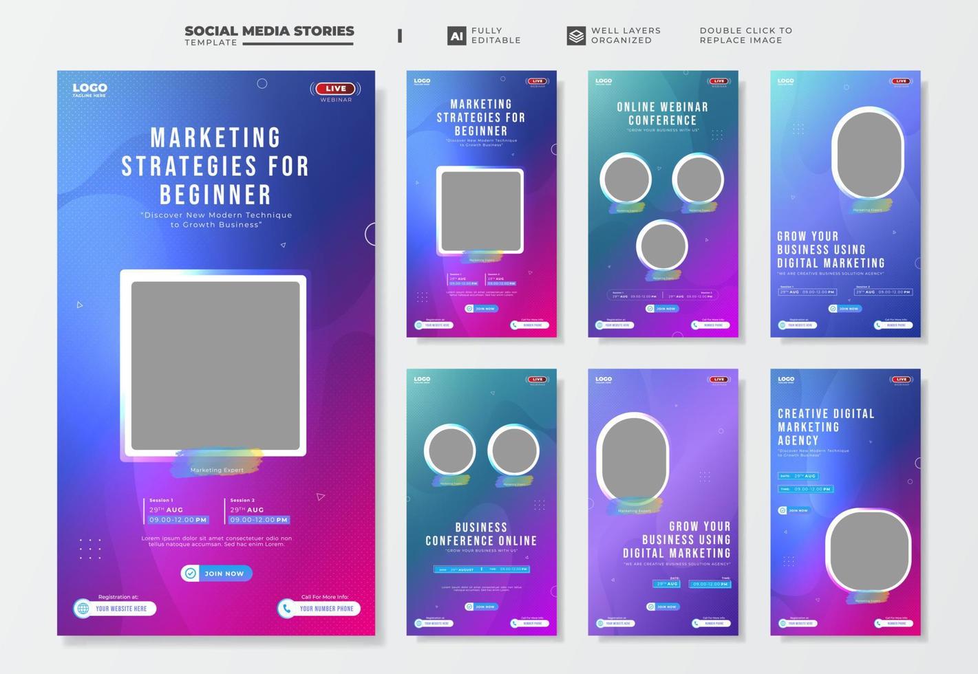 Digital marketing live webinar social media stories template vector