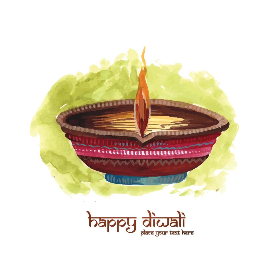 ilustración de acuarela quemando diya en el diseño de la tarjeta feliz diwali vector