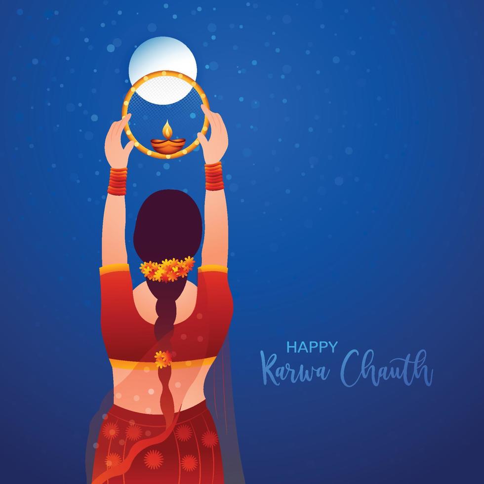 Karwa chauth festival card with indian woman celebration background vector