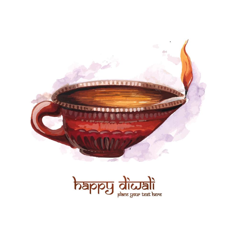 Beautiful diwali greeting card with watercolor diya card design vector