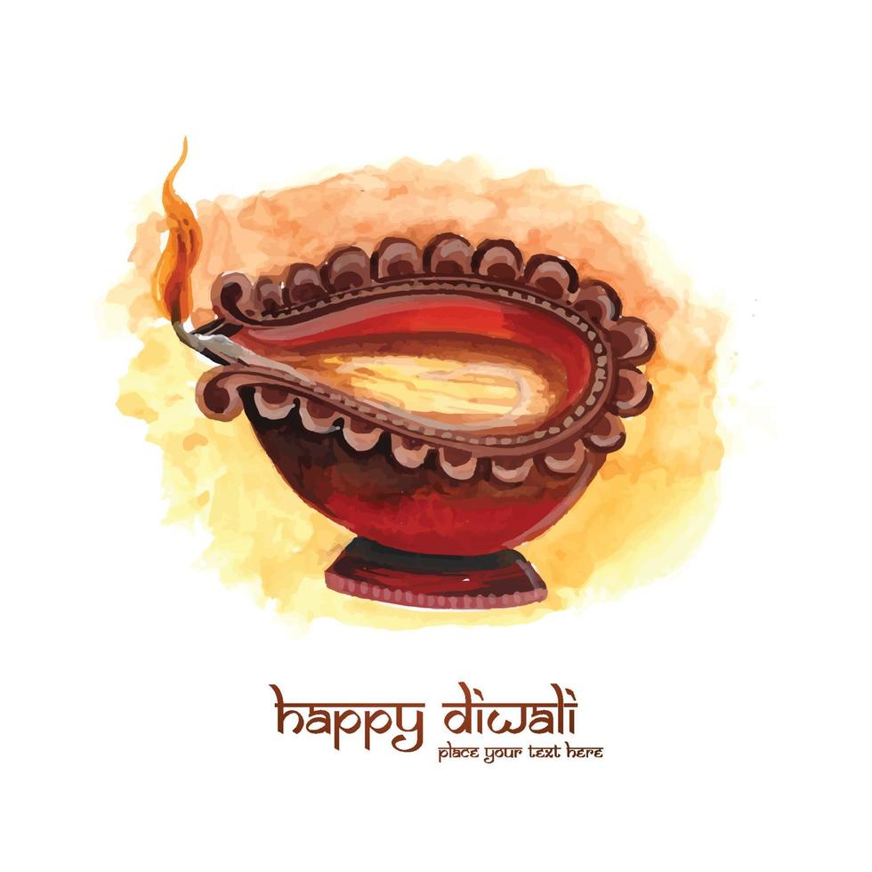 Beautiful diwali greeting card with watercolor diya card design vector