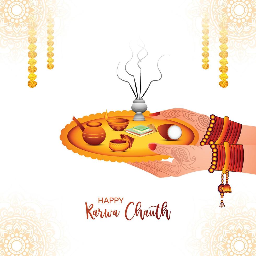 feliz karwa chauth con puja thali decorado de fondo de tarjeta de felicitación vector