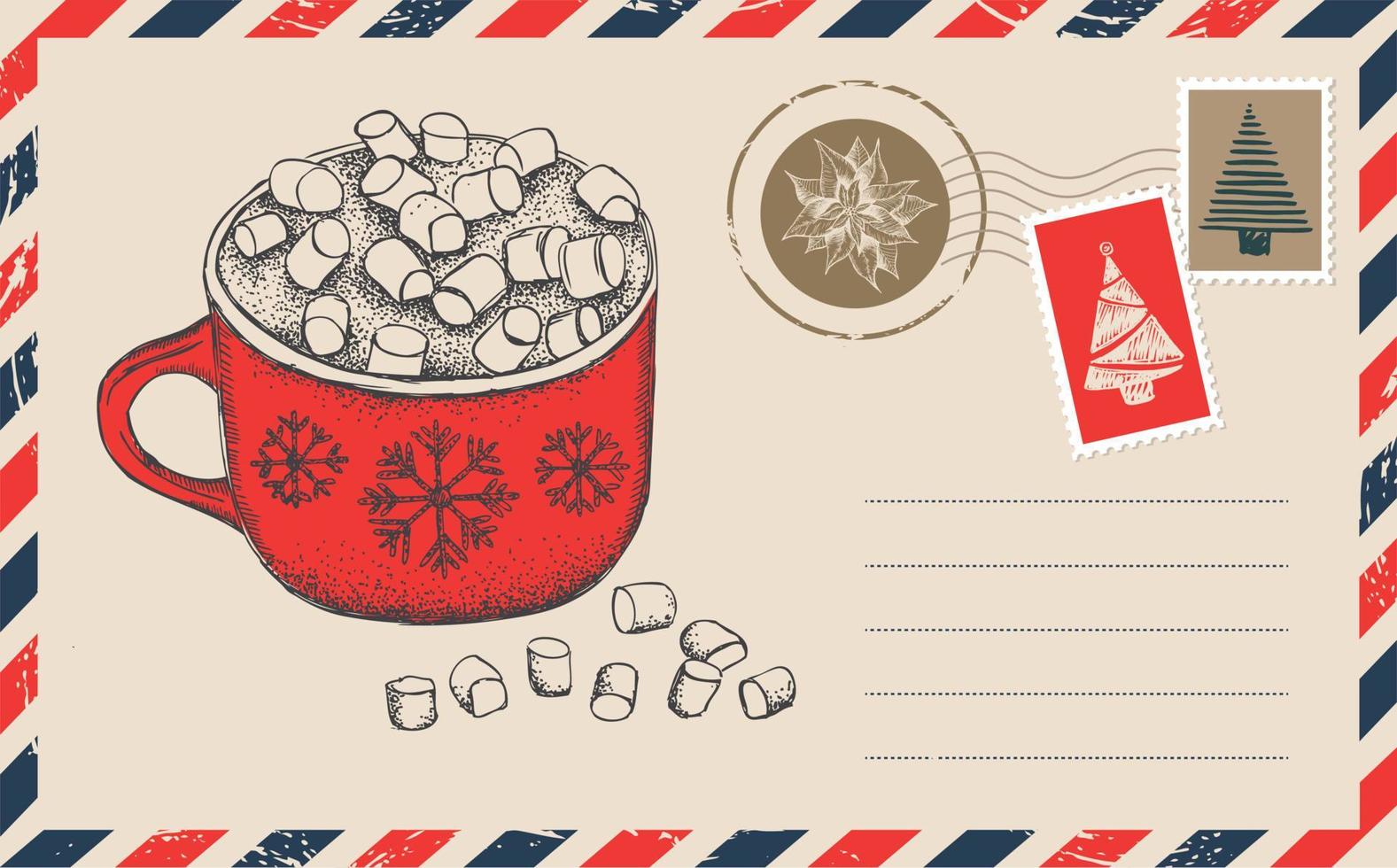 correo de navidad, postal, ilustración dibujada a mano. vector