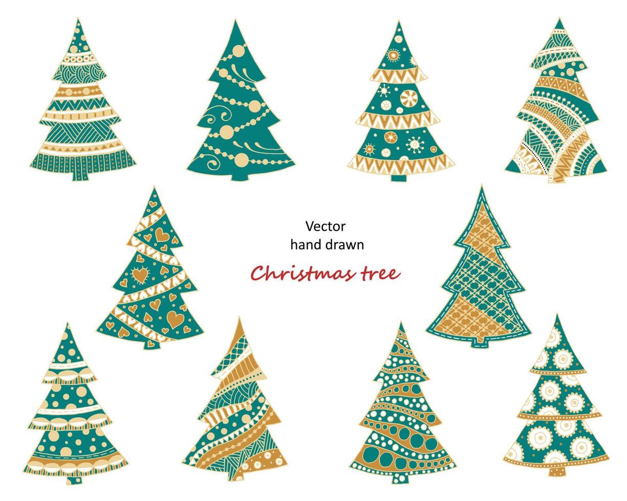 Set of hand-drawn Christmas trees. Green and gold vector