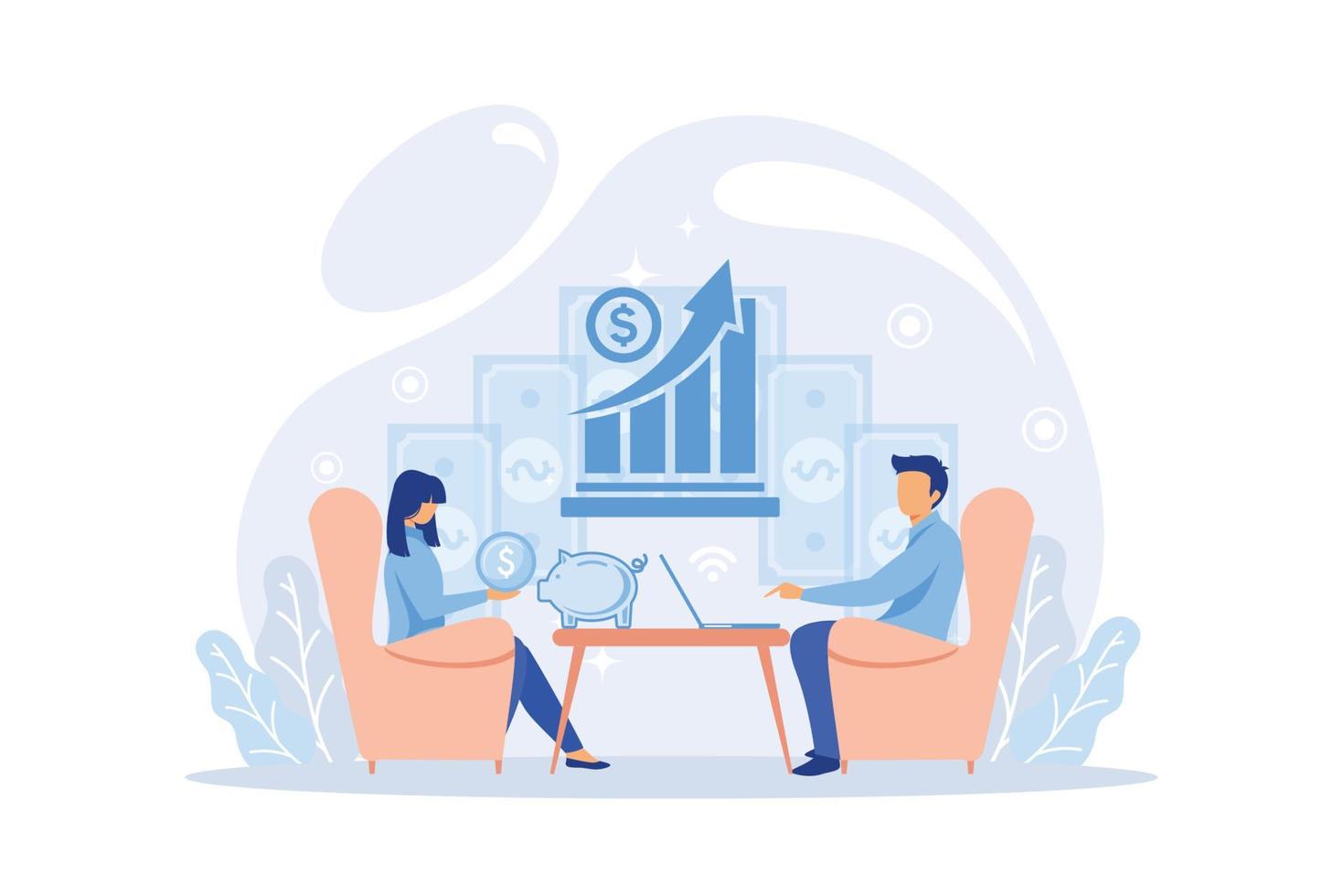 Investment and Analysis Money Profits. Investor sitting on stack of coins. Employee Making Investing Plans, Calculating Benefits on Laptop. Profitable investment, vector