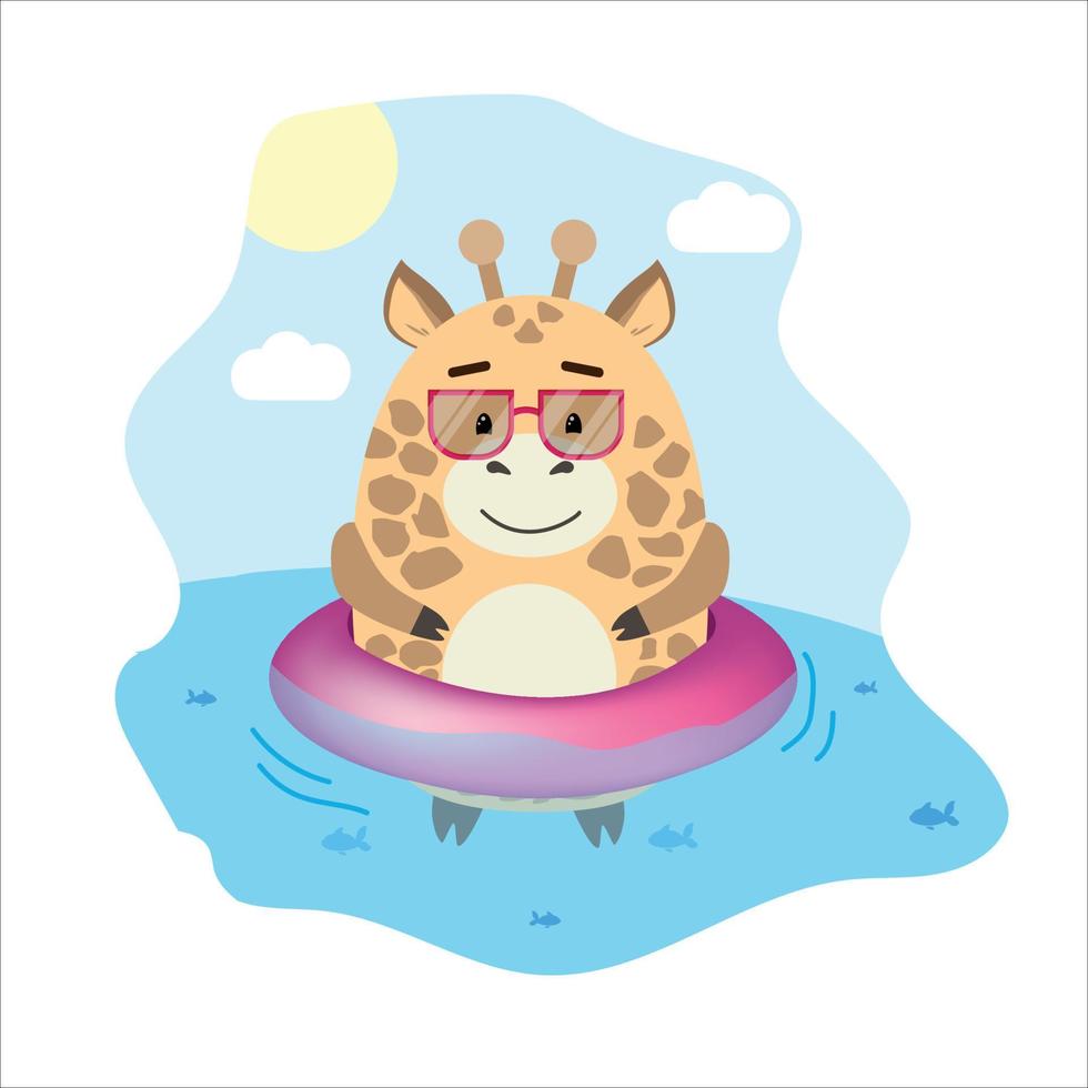 funny animals round giraffe in the sea on an inflatable circle summer illustrations for children postcard print vector