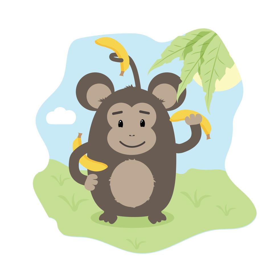 animales divertidos mono redondo con ilustración de plátanos para niños impresión de tarjetas de felicitación vector