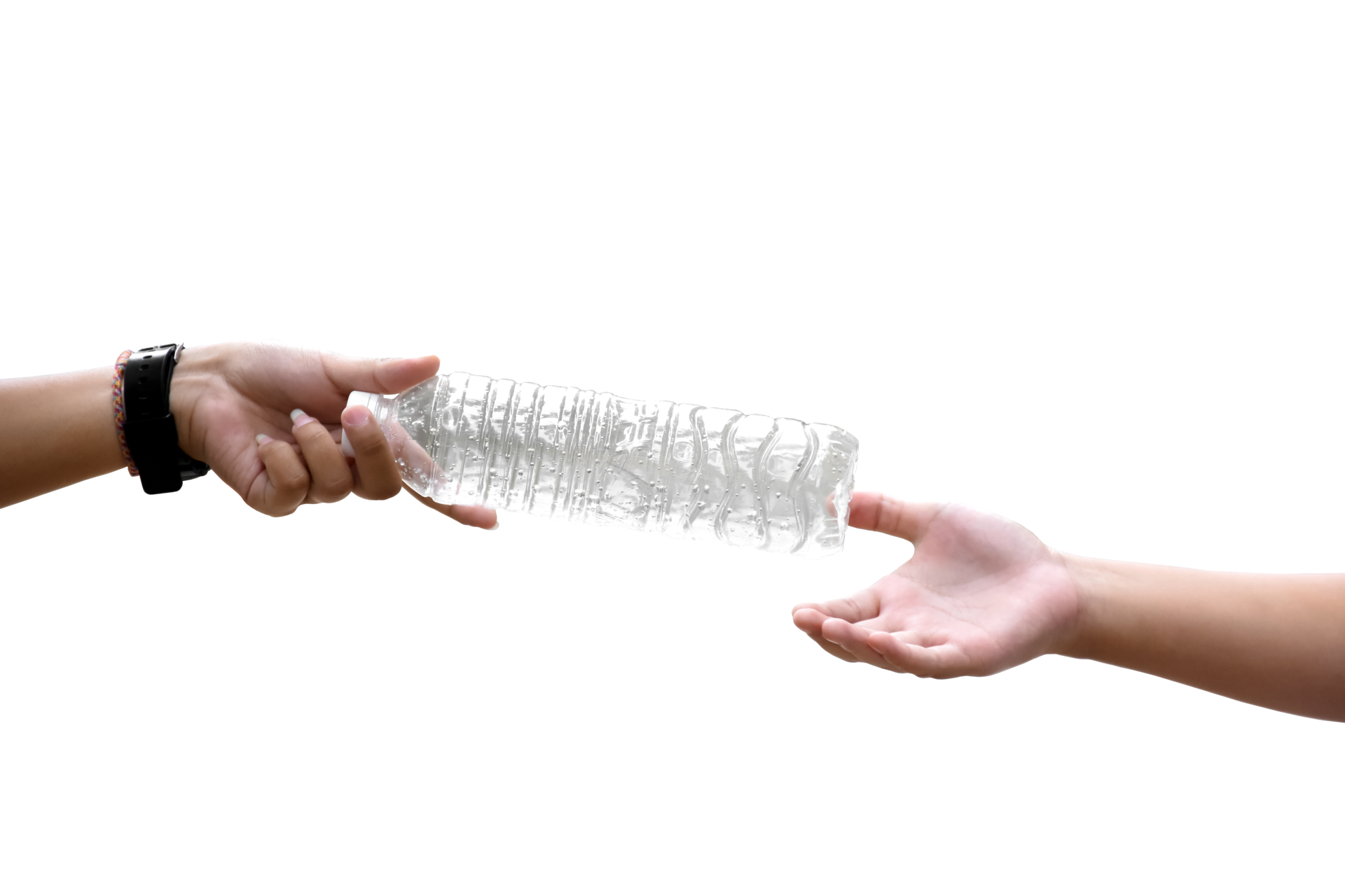two hands of human sending and receiving the empty plastic drinking