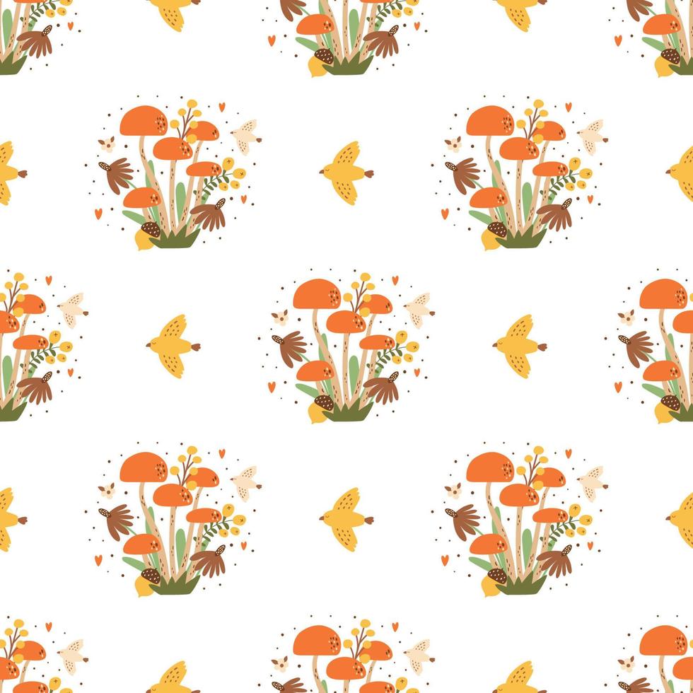 Fall mushroom pattern. Forest mushroom seamless pattern. Autumn mushroom with leaves, flowers berry bird. Autumn background. Floral mushroom repeated card, print, paper, wallpaper vector illustration.