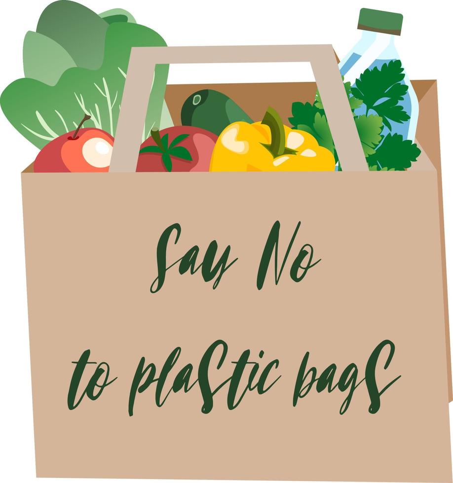 bolsa de papel con verduras. texto decir no a las bolsas de plástico vector