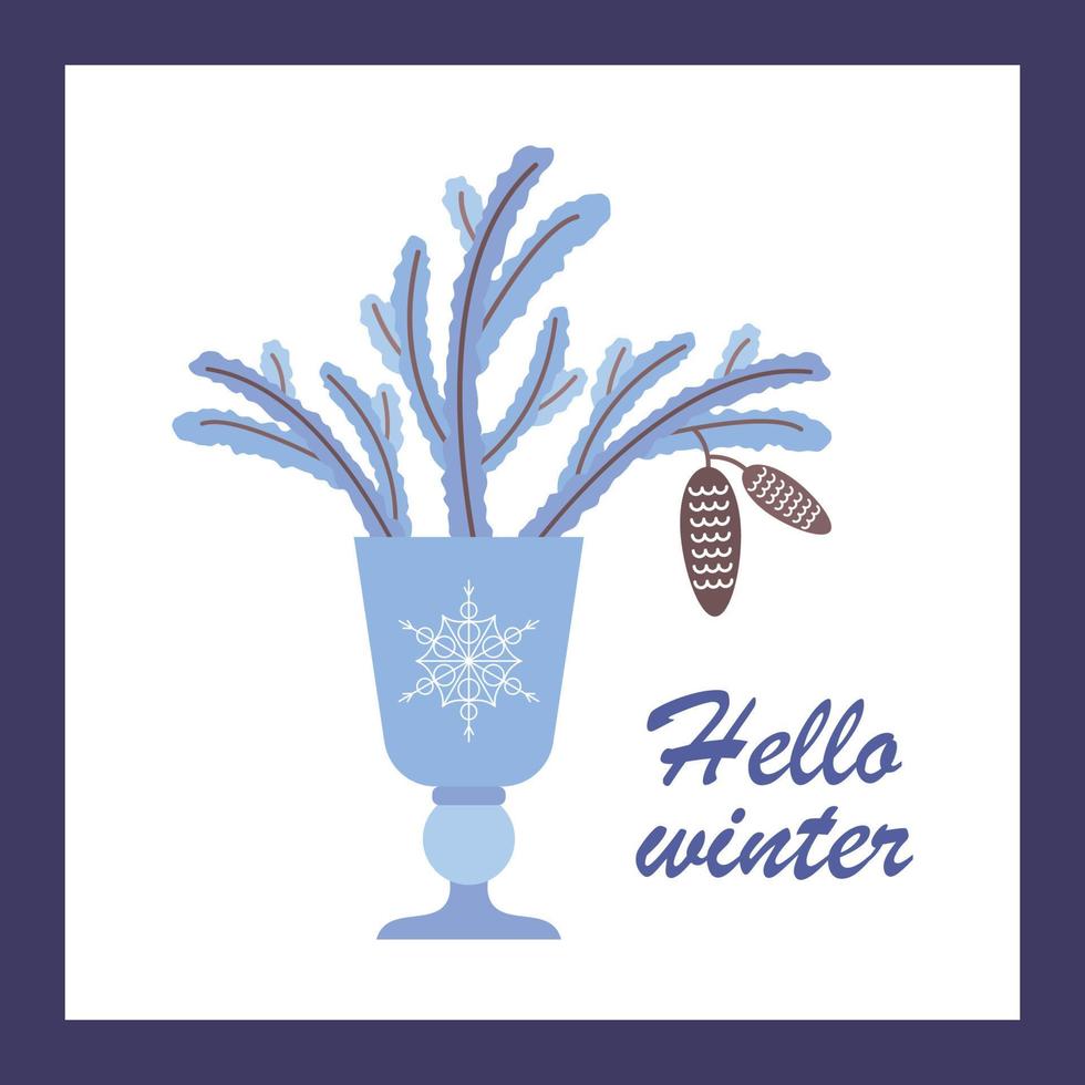 Greeting winter postcard with spruce branches in a glass. vector illustration