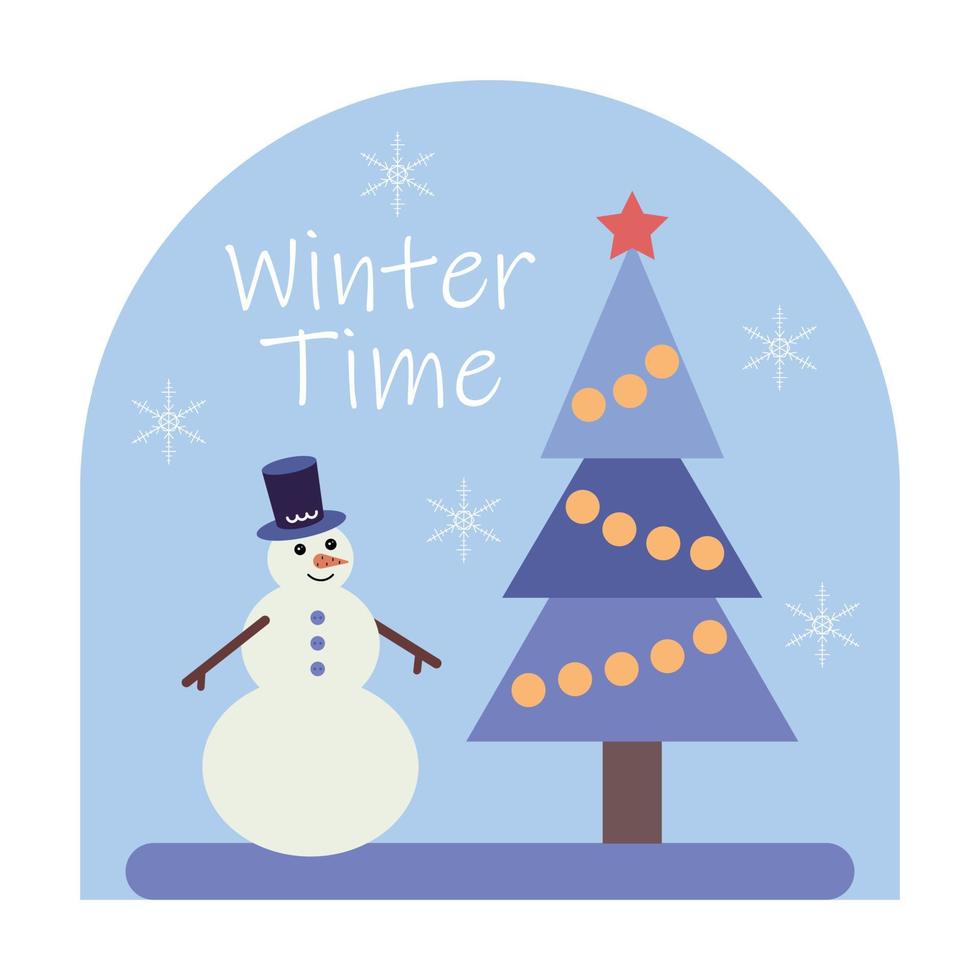 postal de invierno con motos de nieve y árbol de navidad. ilustración vectorial vector