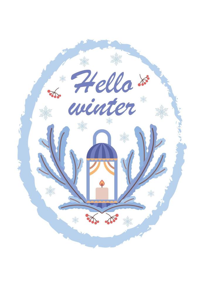 postal ovalada hola invierno con linterna, velas y ramas de abeto. ilustración vectorial vector