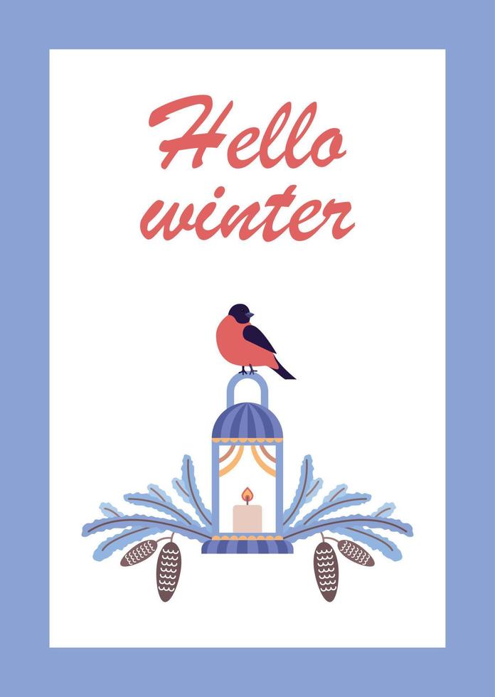 Postcard winter with bullfinch, lantern and spruce branches. vector illustration