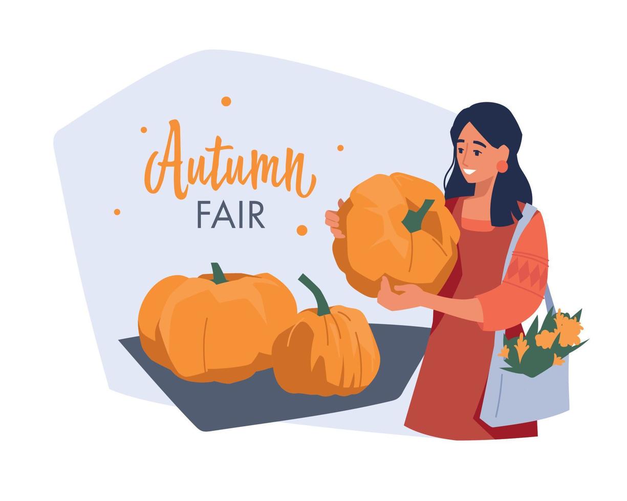 Autumn fair. Woman with pumpkins. Vector image.