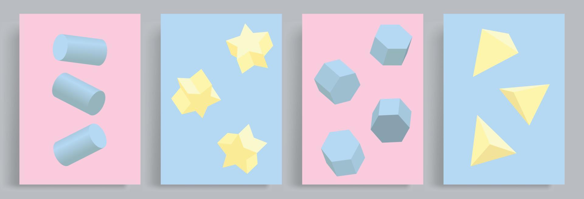 4 sets of abstract minimalistic 3d shaped tubes, stars, hexagons and triangles backgrounds in futuristic pastel colors. Suitable for poster, book cover, brochure, magazine, pamphlet, booklet. vector