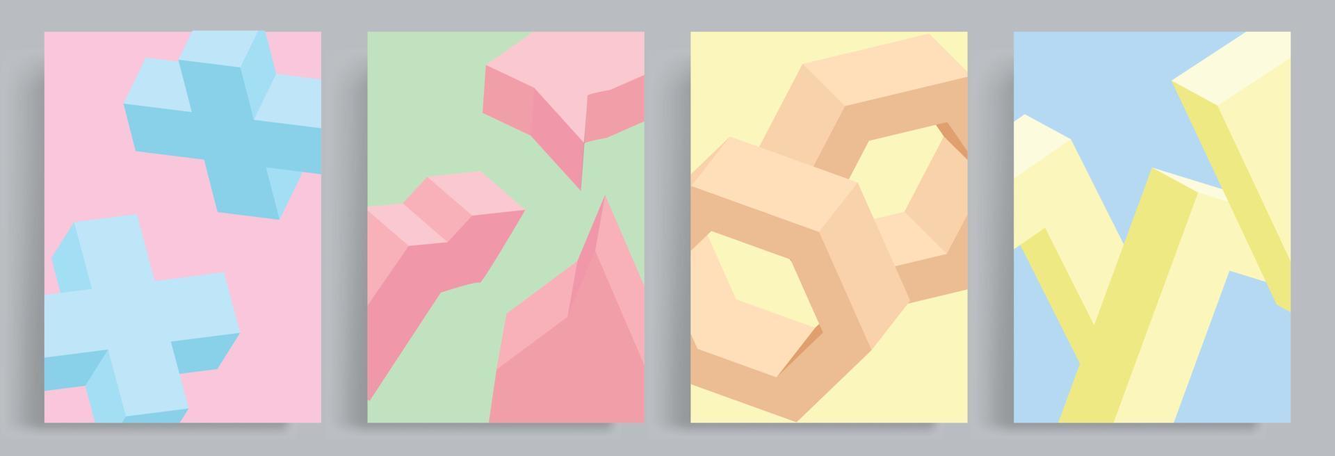 4 sets of minimalist abstract 3d assorted shapes backgrounds in futuristic pastel colors. Suitable for poster, book cover, brochure, magazine, pamphlet, booklet and educational book for children. vector