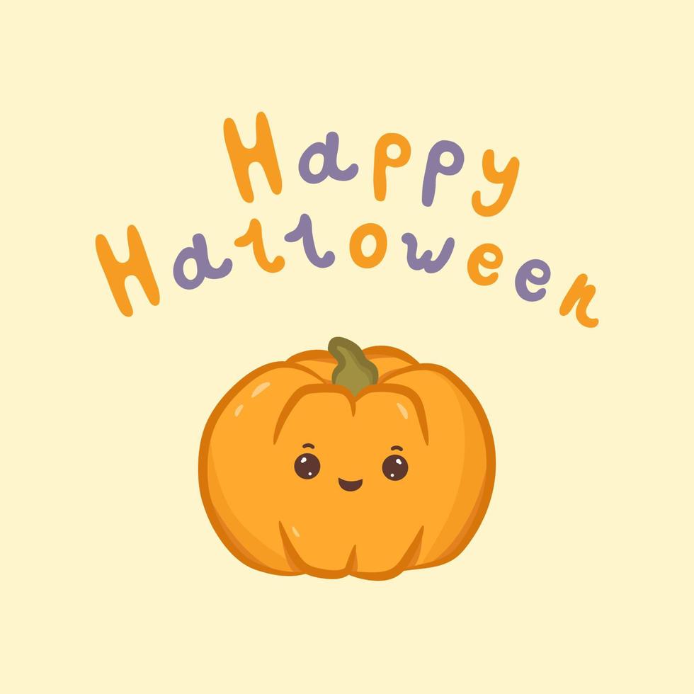 Cute pumpkin and hand drawn lettering happy halloween. Holiday design greeting cards, banners, posters, party invitations and flyers. Vector Illustration