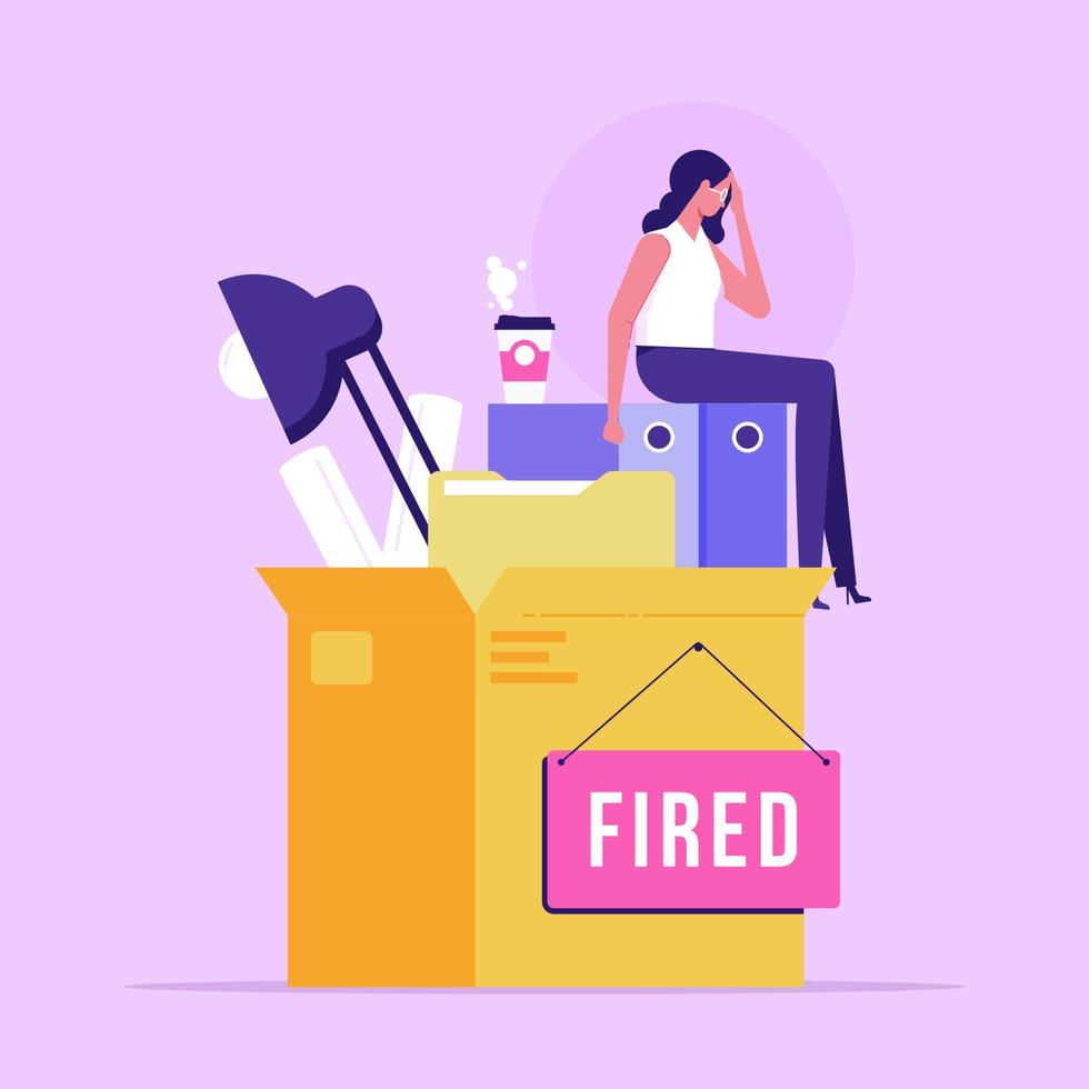 Fired woman on the office box with things, depression. Job loss due to crisis, contraction, economic decline. Dismissed employee, unemployment vector