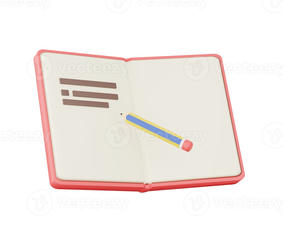 3D open book with pencil. Notebook for study with pencil. Education concept. Icon for web and app. Cartoon realistic school supplies. 3D Rendering png
