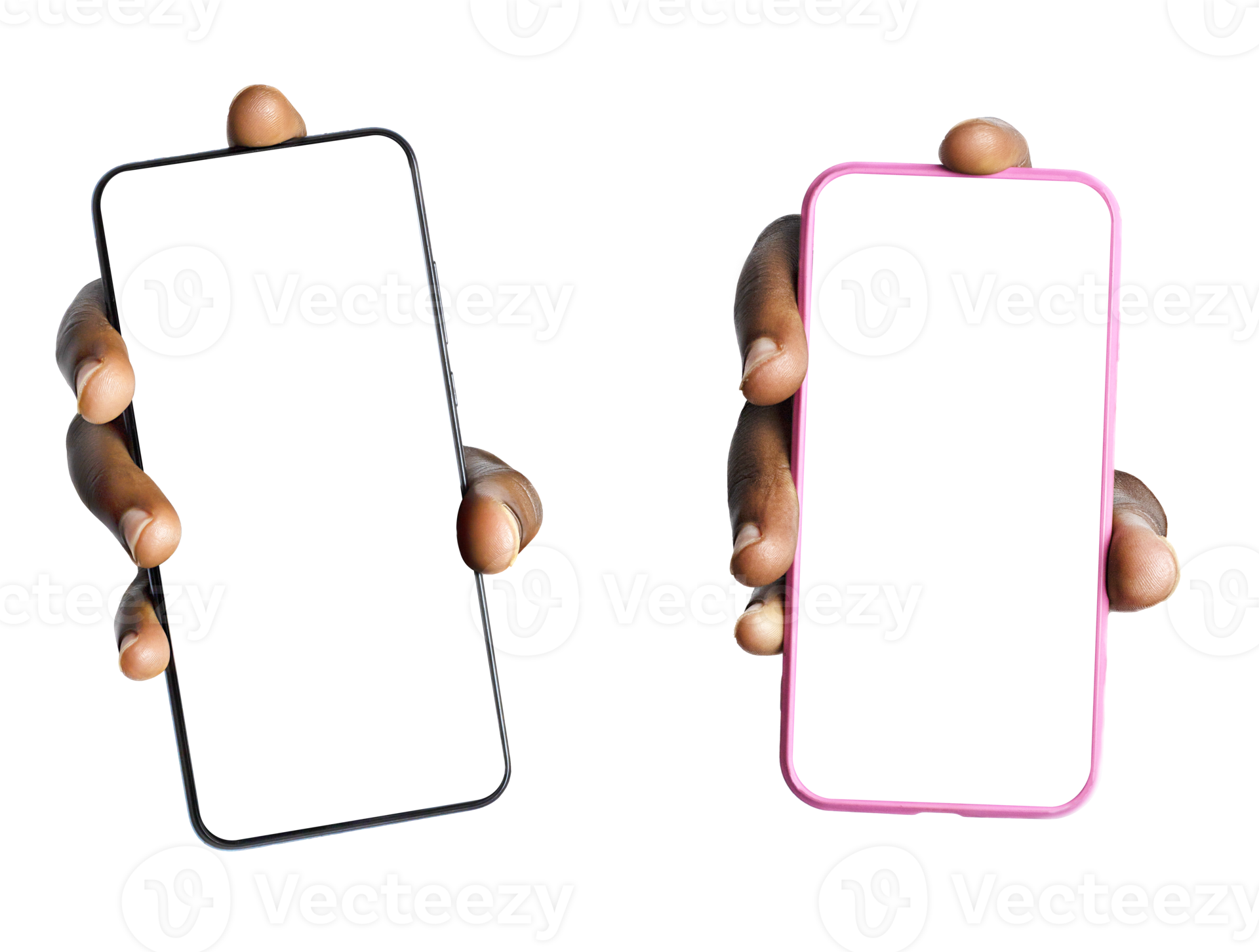 Black male hand holding phone facing camera isolated on transparent background. blank screen