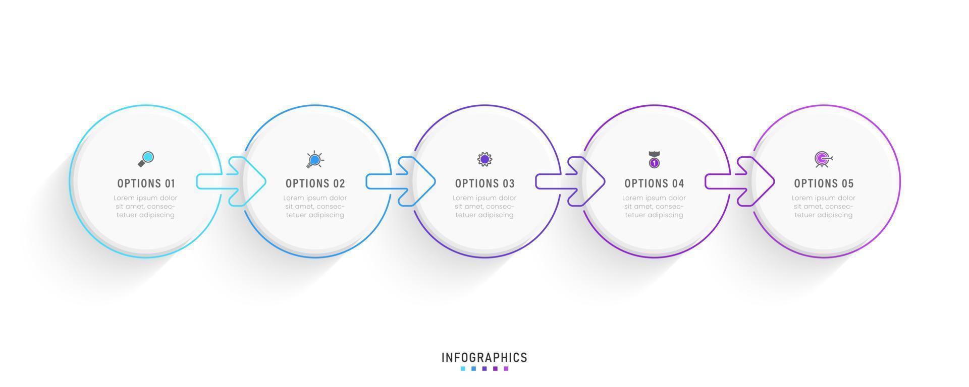 plantilla de diseño de etiquetas infográficas vectoriales con iconos y 5 opciones o pasos. se puede utilizar para diagramas de proceso, presentaciones, diseño de flujo de trabajo, banner, diagrama de flujo, gráfico de información. vector