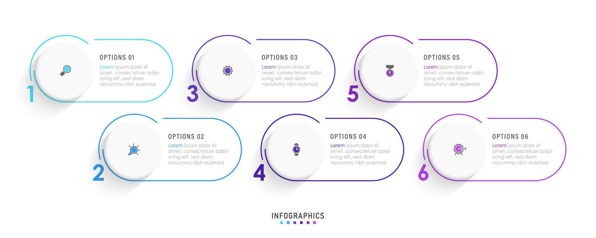 plantilla de diseño de etiquetas infográficas vectoriales con iconos y 6 opciones o pasos. se puede utilizar para diagramas de proceso, presentaciones, diseño de flujo de trabajo, banner, diagrama de flujo, gráfico de información. vector