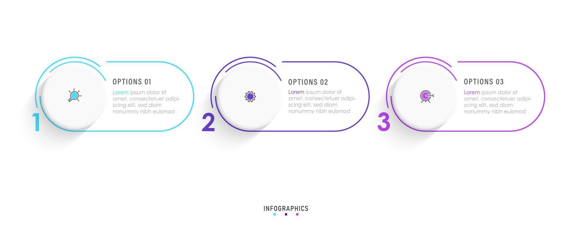 plantilla de diseño de etiquetas infográficas vectoriales con iconos y 3 opciones o pasos. se puede utilizar para diagramas de proceso, presentaciones, diseño de flujo de trabajo, banner, diagrama de flujo, gráfico de información. vector