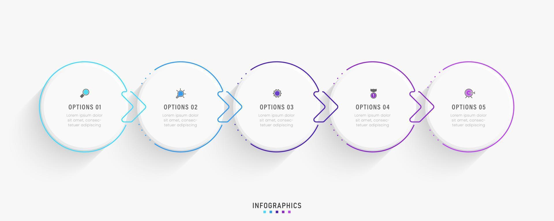 plantilla de diseño de etiquetas infográficas vectoriales con iconos y 5 opciones o pasos. se puede utilizar para diagramas de proceso, presentaciones, diseño de flujo de trabajo, banner, diagrama de flujo, gráfico de información. vector