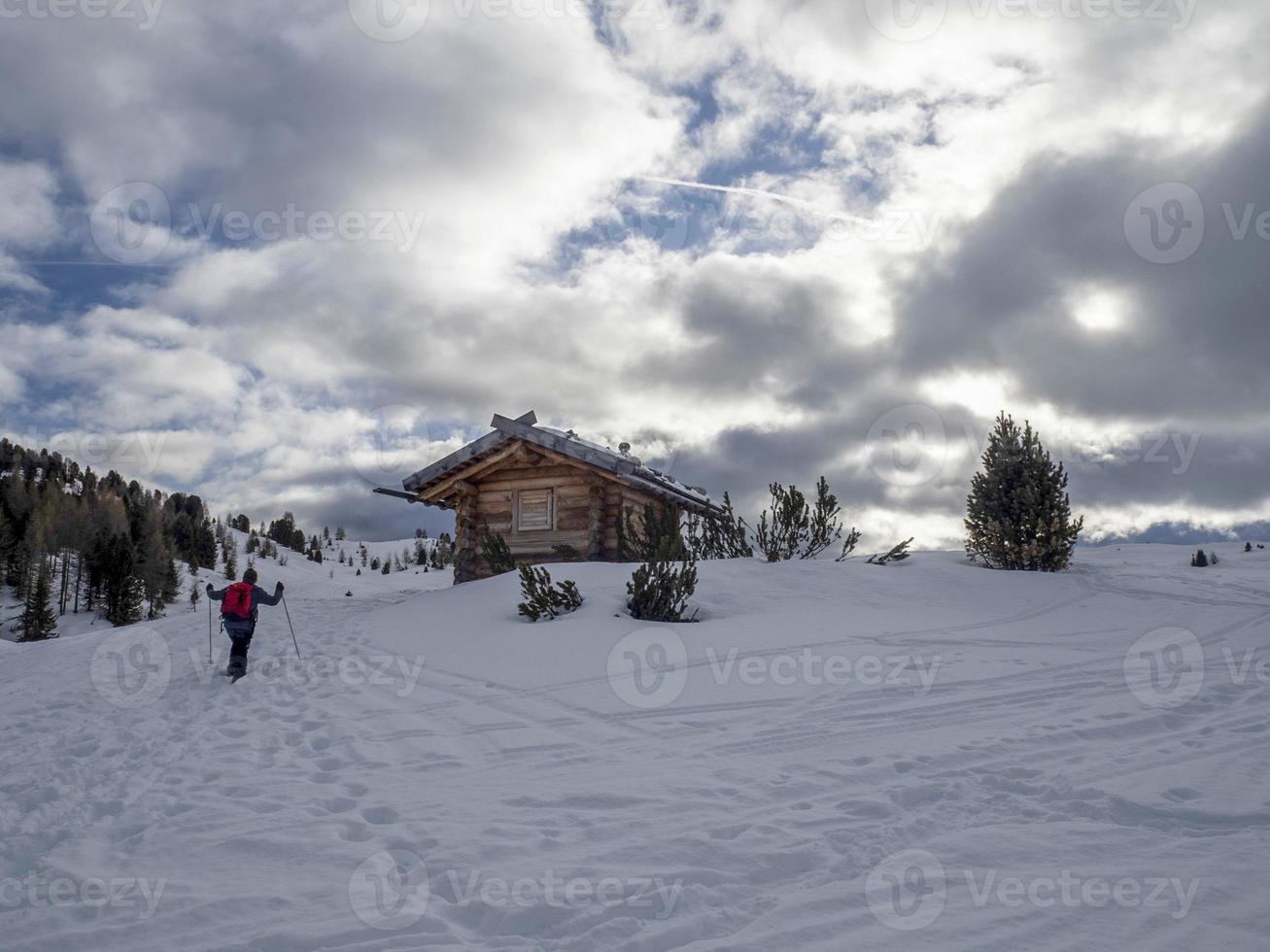 dolomites snow panorama wooden hut val badia armentarola photo