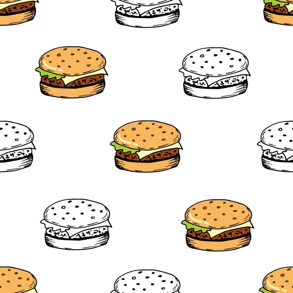 patrón transparente de vector simple. hamburguesas sobre un fondo blanco. para impresiones, papel de envolver, textiles, etiquetas, embalaje. cafetería, comida rápida en la calle, menú.