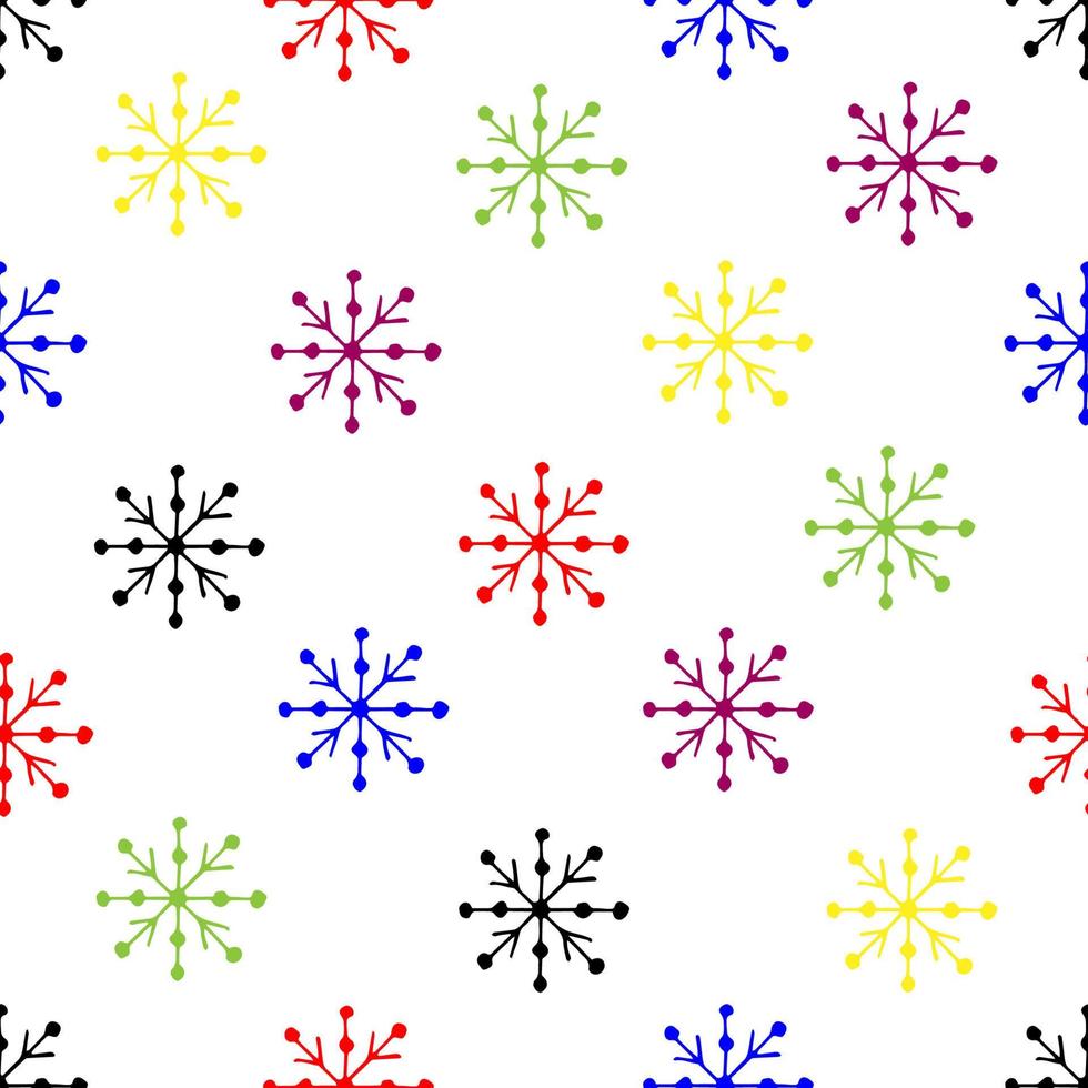Simple vector multicolored seamless pattern for New Year's design. Black, blue, red, green, yellow snowflake outline on white background. Christmas packaging, textile products.