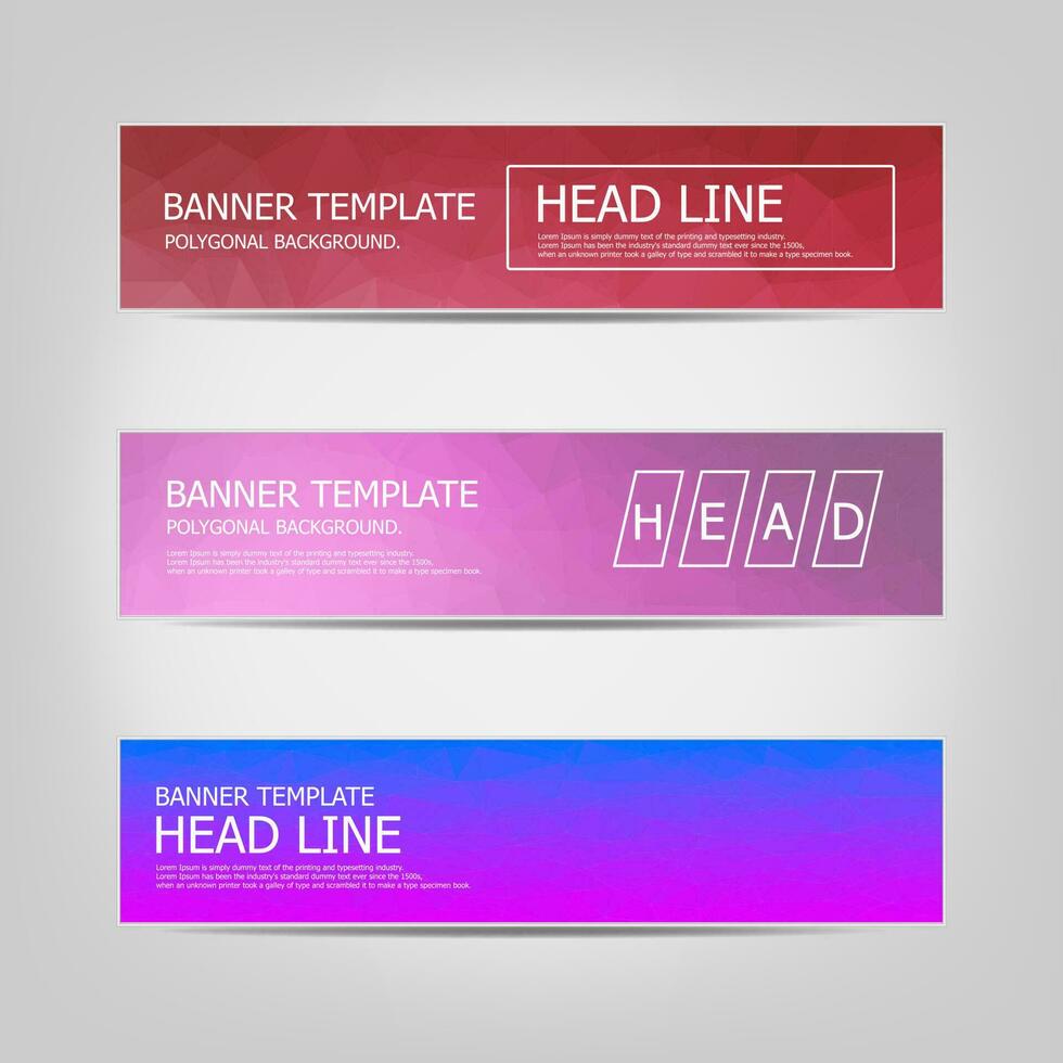 Set of banners with a polygonal geometric background with different design elements and colors. Design of flyers, banners, brochures and cards, Corporate Identity, Advertising printing. vector