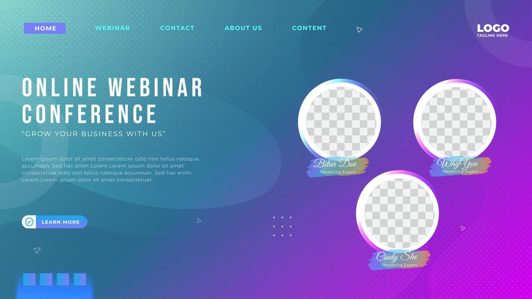 Online webinar conference landing page template vector