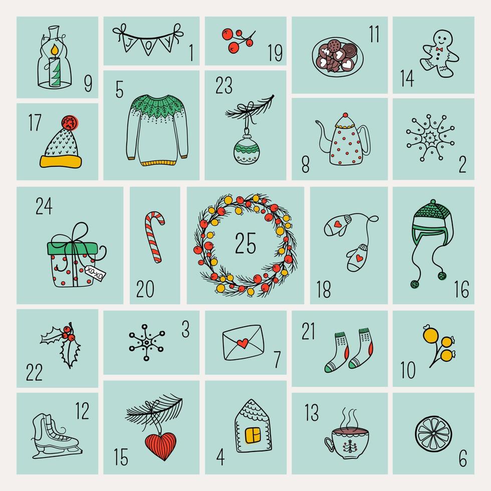 Christmas Advent Calendar with hand drawn design elements. Group of seasonal objects in doodle style. Vector printable set. Xmas background, poster or card.