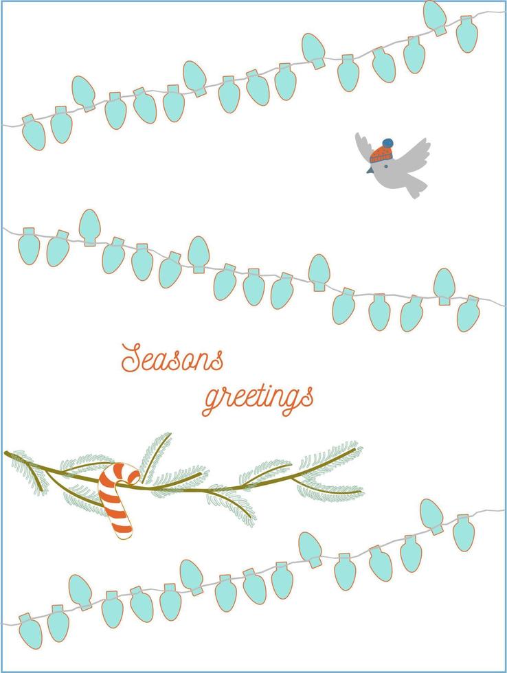 Print with seasonal design elements and Seasons greeting lettering. Christmas and Happy new year background. Flat style vector illustration.