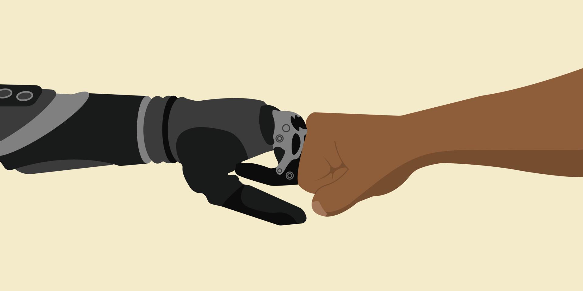 Robot Hand and Human Hand. Intelligence Technology. Symbol of future cooperation, technological progress, innovation. Flat design vector illustration.
