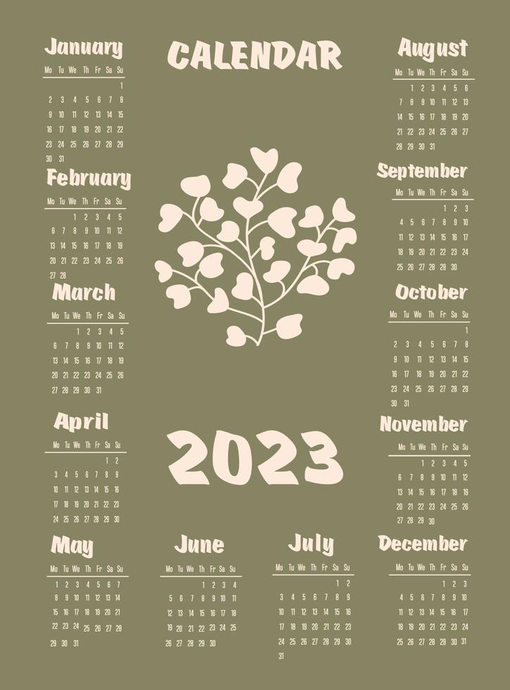 calendario 2023 con plantas abstractas. la semana comienza el lunes. un juego de 12 páginas y portada en tamaño a3, a4, a5. ilustración vectorial en formato vertical. vector