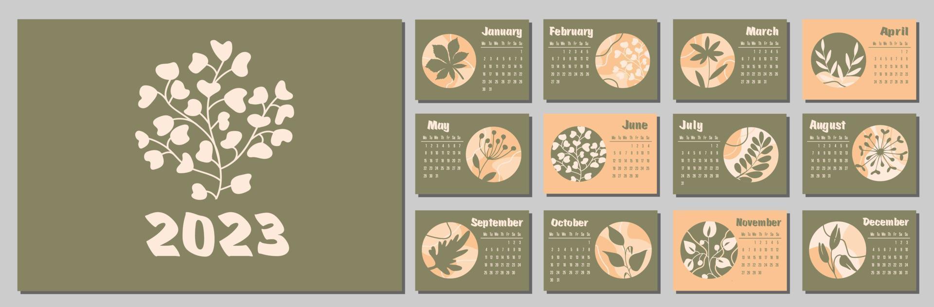 Calendar 2023 with abstract plants. Week starts on Monday. vector