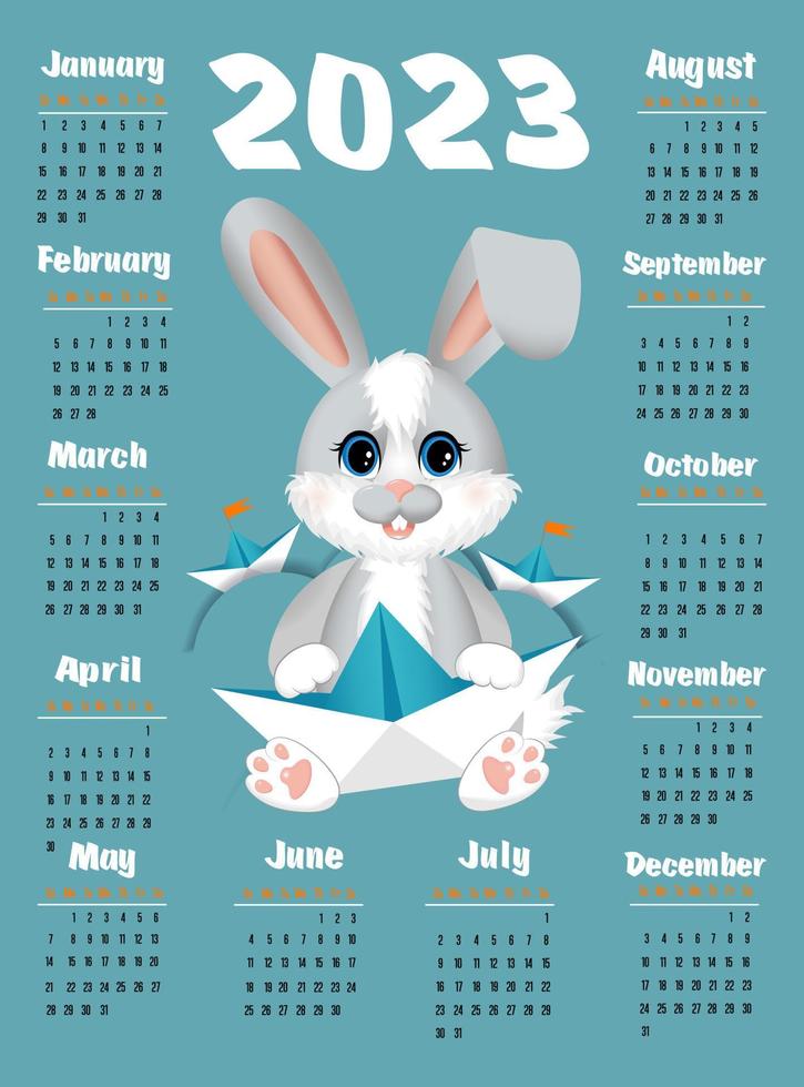 Calendar 2023 with symbol of the year hare or rabbit. Cute little hare or rabbit in cartoon style. Week starts on Sunday. vector