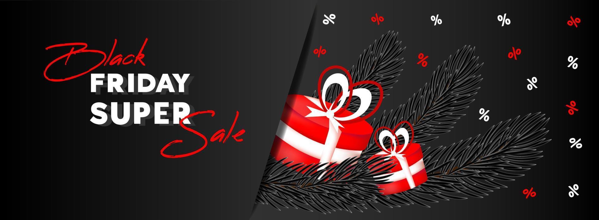 viernes negro banner de venta, volante. texto, ramas de árboles de Navidad y cajas de regalos rojas sobre fondo negro. vector