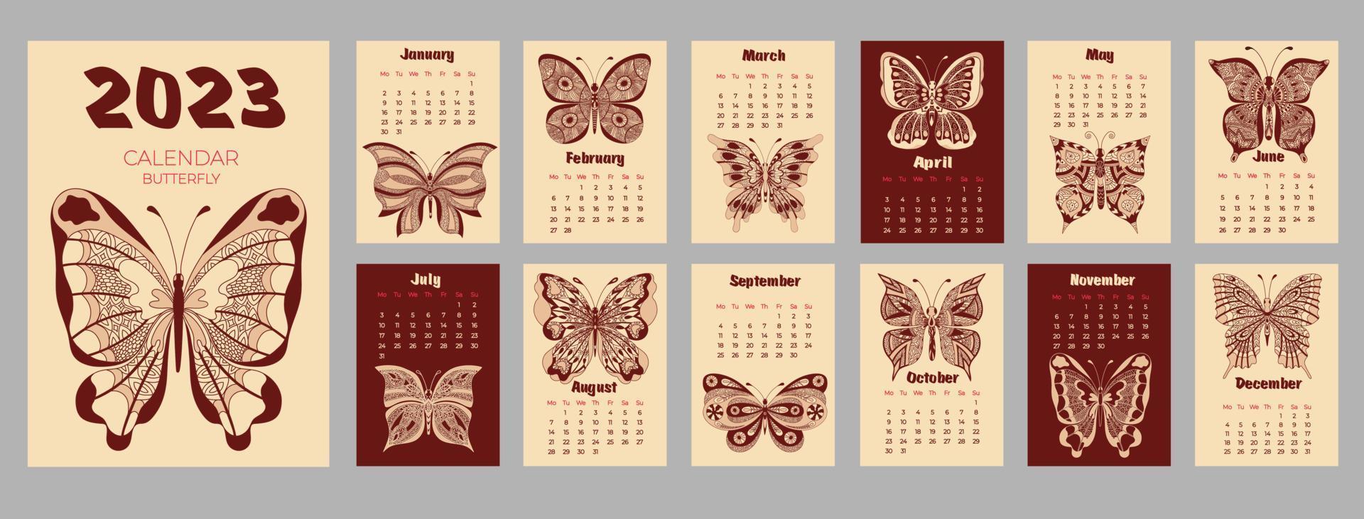 Calendar 2023 with butterfly in zentangle style. Week starts on Monday. vector