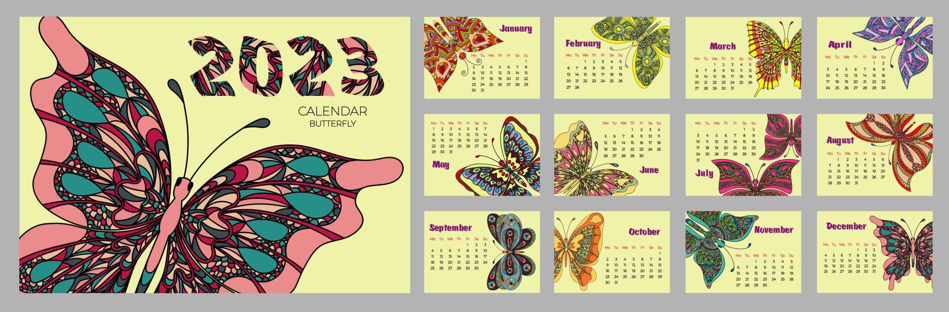 Calendar 2023 with butterfly in zentangle style. Week starts on Monday. vector