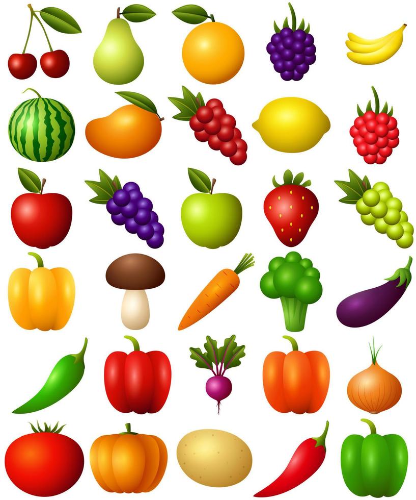 Set of fruits and vegetables isolated on white background vector