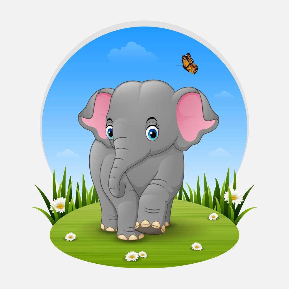 Cartoon baby elephant in the grass vector