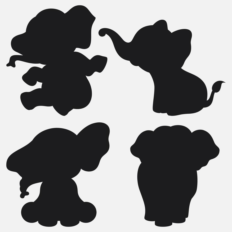 conjunto de dibujos animados de siluetas de elefantes con diferentes poses y expresiones vector