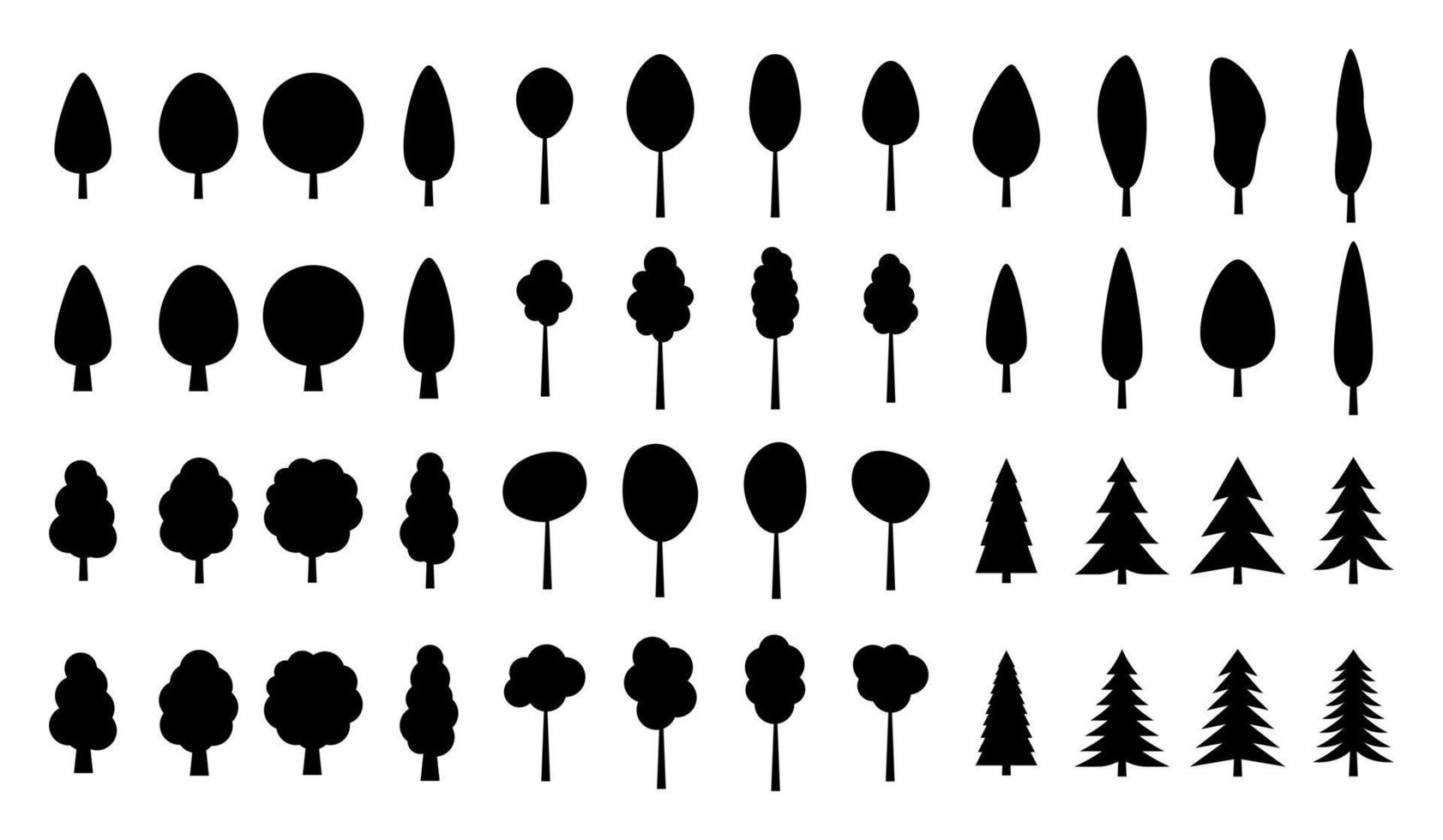 conjunto, de, árboles de pino, silueta, aislado, blanco, plano de fondo vector