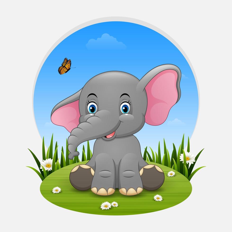 Cartoon baby elephant in the grass vector