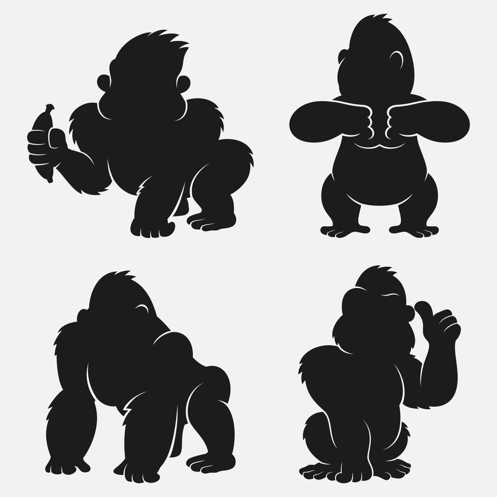conjunto de dibujos animados de siluetas de gorila con diferentes poses y expresiones vector
