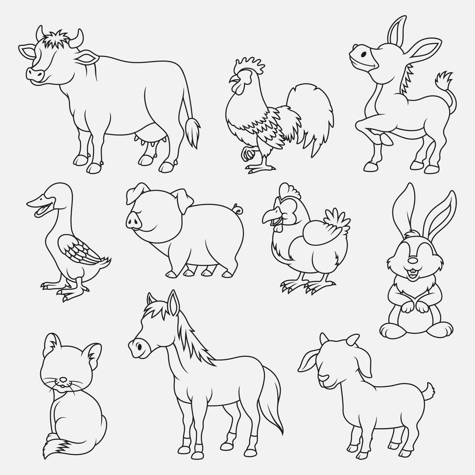 colección de líneas finas de animales de granja de dibujos animados aislado sobre fondo blanco vector